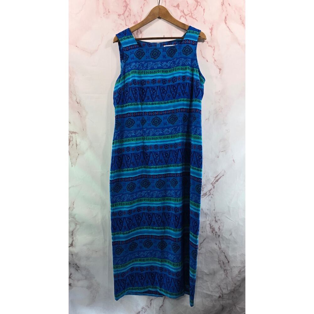 Vintage Hawaiian Dress Womens 12 Large Blue Midi Maxi Floral Tank 90s Tiki